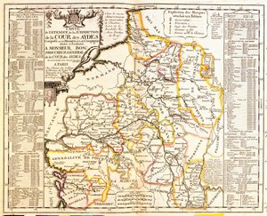 1717年に公開されたジャンバプティストノリン作のルテアトルデュモンド（1709年）の課税対象フランス領土の地図（手描きの彫刻） 作： French School