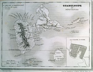 グアドループとその扶養家族の地図。19世紀のエングレーヴィング。シャルトル、美術博物館 作： French School