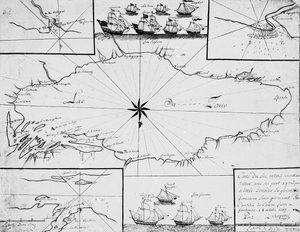オンタリオ湖の地図と英仏の船団 作： French School