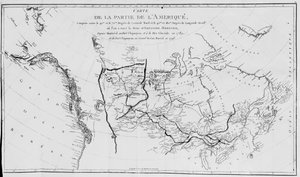 北アメリカの地図、1789年と1798年のサーアレクサンダーマッケンジーの北極海への遠征をプロット
