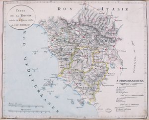 トスカーナの地図、J. de Baillouの大きな地図の詳細（鉛筆、インク、水彩、紙 作： French School