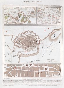 リューベックの戦いでの戦闘の地図。フランス、プロイセン、スウェーデン、デンマークの軍隊の位置を示しています。