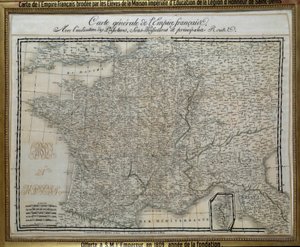 フランス帝国（第一帝政期）の地図。サン・ドニのレジオン・ドヌール勲章の皇室の生徒たちによって刺繍された。1809年の刺繍絵。エクス島、ナポレオン博物館 作： French School