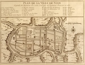 アントワーヌプレヴォストのヒストワールジェネラルデヴォヤージュの1751年版で公開された、1687年にフランス人エンジニアが行った調査の後、その名前の王国の首都であるサイアムの街の地図