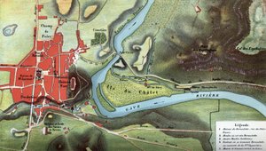 ベルナデット・スービロウスが幻視を見た年、1858年のルルドの国の地図：彼女の家と洞窟の位置が示されている。ピレネー山脈の高地（65）。アンリ・ラセール作「ノートルダム・ド・ルルド」のクロモリ写真 作： French School