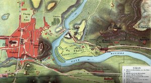1877年のルルドの地図。ベルナデット・スービロウスの家、聖母マリアを見たとされる洞窟、バジリカ、カルメル派とベネディクト派の修道院、司教座などの位置が示されている。ハイピレン 作： French School