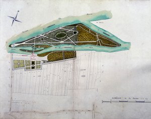 ムーラン・ジョリーの庭の地図。国立公文書館に保管されているコロンブ領地の地図帳（1780年）のプレート。 作： French School