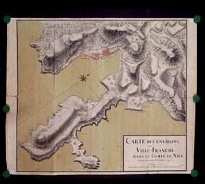 1748年10月のニース・レヴェイ郡におけるヴィルフランシュ周辺の地図 作： French School