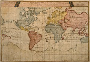 1686年にパリで発行されたピエールデュヴァル（1619-83）による地図、世界の貿易輸送ルートを示す地図（カラー彫刻）