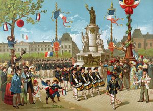 レピュブリック広場での1883年7月14日の学校のバタリオンの行進 作： French School