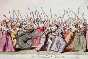 1789年10月5日、パリ、ヴェルサイユ宮殿での女性たちの行進(エングレーヴィング) 作： French School