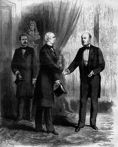 フランス共和国大統領の後継者であるジュール・グレヴィ（1807-1892）を祝福するパトリス・ド・マック・マホン（マック・マホン）侯爵（1808-1893）。2月8日付「Le Monde Illustré」1141号に掲載されたエングレーヴィング 作： French School