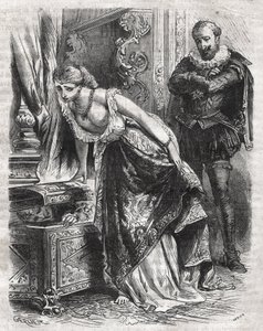 マルゴット王妃ことマルグリット・ド・ヴァロワ（1553-1615）は、恋人のジュリアン・ド・レリスを金庫の中に隠している。その様子を夫であるフランス王アンリ4世（1553-1610）が楽しそうに観察している。16世紀。Heによる「Histoire Des Cocuses Celebres」に掲載された1871年のエングレーヴィング。