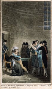 マリーアントワネット（1755-1793年）は、1793年7月3日、神殿で息子のルイシャルルドブルボン（1785〜1795年）に息子の別れを告げる（モナの修復時に作成されたカラー彫刻） 作： French School