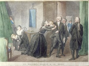 マリーアントワネット（1755-1793年）は、彼女の息子、ルイシャルルドブルボン（1785〜1795年）に、1793年7月3日、寺院で別れを告げる（カラー彫刻） 作： French School