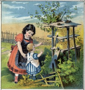 巣箱の中のミツバチの働きを妹に見せるマーサ。ゲラン-ミュラー編「子供の情景」より、1885年頃のクロモリトグラフ。Guerin - Mullerの1885年頃の作品。 作： French School