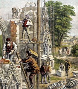 大聖堂の建設現場にいる石工たち - "Les métiers", Hachette, 1900年頃の「小さな子供たちの店」に掲載されています。