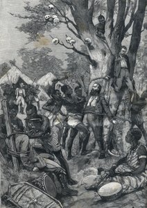 コンゴでの大虐殺。人食い人種によるヨーロッパ人の懇願。1898年の "Le petit Parisien "にて。 作： French School