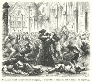 ブルゴーニュ人によるアルマニャック人の大虐殺、パリ 作： French School