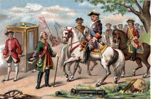 フォントノワの戦いで勝利したザクセン州の牧童モーリス（1696～1750年）が、フランスのルイ15世（1710～1774年）と対面。1890年頃のクロモリトグラフ。