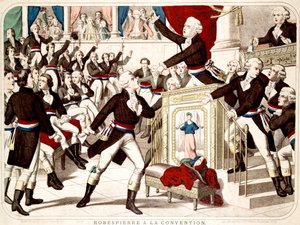 大会でのマクシミリアン・ロベスピエール（1794年テルミドール19日の降霊会）、ジャン・ランベール（ジャン・ランベール）・タリアンがナイフでロベスピエールを脅す - 当時の人気のある彫刻 作： French School