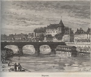 マイエンヌはフランス西部のペイ・ド・ラ・ロワール地方にあるコミューンで、V.-A.による「La France illustree: Geography, history, administration statistique」に掲載されている彫刻です。Malt-Brown著「La France illustree: geography, history, administration statistique」の版画。1884 作： French School