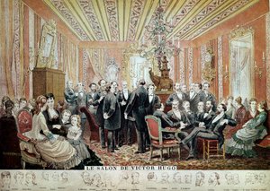 1875年頃、パリのユゴー・メゾンのリテレール・サロンでの会合（エングレーヴィング）。 作： French School