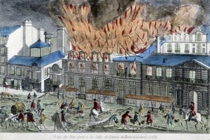 1763年、パリのオペラの火を消そうとする男たち。 作： French School