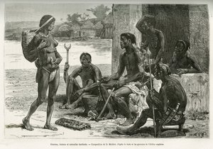 男と女と食器（ルワンダ、ビエ地方）。1877年から1878年にかけて、セルパ・ピント少佐が『Tour du monde』誌に発表した、大西洋からインド洋に至るアフリカ横断の物語を説明するためのD.Maillartによるエングレーヴィング。