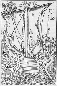 海の危険にさらされた中世の商船。Engraving In "La Marine et les colonies: commerce" 作： French School