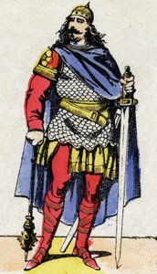 メロビンジアン朝。シャルル・マルテル（v.688-741）の肖像（737年から741年まで宮殿の市長を務めた）。19世紀末のエピナル画像。個人蔵。 作： French School