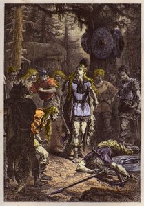 Merovingiens: Clovis 1er shooting down the soldier who was broken the vase of Soissons, en 486 - Clovis (465-511) and the frankish warrior who broke the vase of Soissons in 486 - engraving from "L
