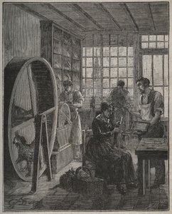 メティエと職人：19世紀の同州の刃物店の様子。Adolphe BITARDの "Les arts et metiers illustres "に掲載された1885年のエングレーヴィング。 作： French School