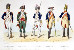 革命下の軍服 1789年：擲弾兵（1789年）、狩人（1789年）、退役軍人（1789年）、騎兵（1789年）、騎兵（1793年） - "Fasttes de Gardes nationales de France "にて