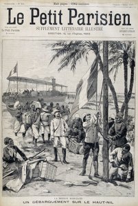 マルシャン号：ナイル川上流域への上陸 - 1898年10月2日付「Le Petit Parisien」紙に掲載された（彫刻）。 作： French School