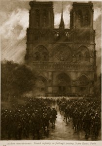 現代の武装勢力：1914〜19年、パリのノートルダムを通過するフランスの歩兵 作： French School