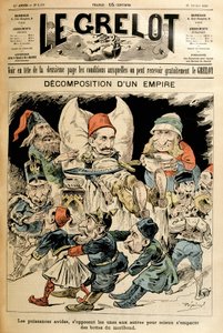 森閑としたトルコと、彼のブーツをめぐって争う外国勢力。表紙は「Le Grelot」1897年2月21日号。 作： French School