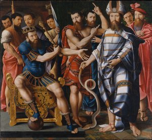 ファラオの前のモーセとアーロン：ディンテビル家の寓話、1537 作： French School
