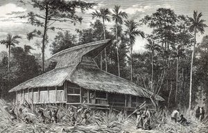 ニューギニア、ドディンガのモスク、ルツアーデュモンド誌のイラスト、1879