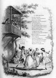 母ボンテムズ（Bontemps）。バルコニーに音楽家がいる村での若いカップルのダンス。Chants et chansons populaire de la France" Tome 2 の刻印 作： French School