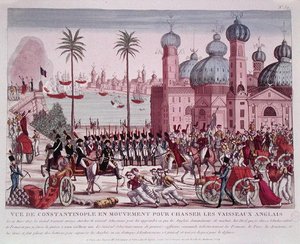 1807 年 3 月 21 日、コンスタンティノープルからイギリス船を追い出すための軍隊の移動 (色付きの彫刻) 作： French School
