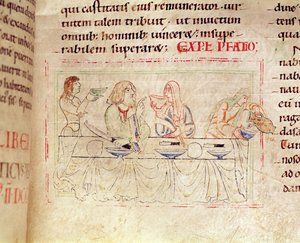 Ms.1215 t.3 fol.158v、食事とジュディスとホロフェルネス、エティエンヌハーディングの聖書、1109