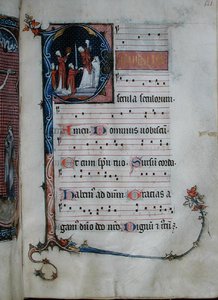 ミサでの聖体拝領の様子を描いたMs 103 Historiateのイニシャル「P」（ベラム製） 作： French School