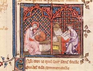 Ms 1044 Fol.16v Chretien Legouaisによって書かれたOvide Moraliseの「世界の創造者であり、彼の本を書いている作者」の言葉 作： French School