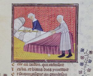 Ms 1130 fol.83r貞操と貧困、ベッドを作る