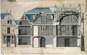 Ms 130736ルイルヴォーによって建設されたベルサイユ宮殿の翼の断面（（1612-70）（紙のトイレ） 作： French School