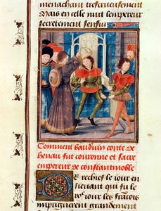Ms 149 t.3 fol.183v Baldwin I（1171-1205）Hainautの6番目の伯爵は1204年にジャックドギーズによって高貴な高貴な貴族の王子からコンスタンティノープル大帝に戴冠しました 作： French School