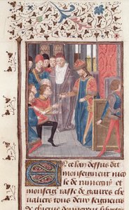 Ms 149 t.3 fol.95v二人の騎士の任命、ジャックドギーズ作「貴族の歴史」より