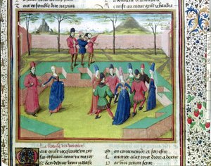 Ms 19153 f.7果樹園のキャロル、ジャン・ド・メウン作のル・ロマン・デ・ラ・ローズのイラスト、c.1460 作： French School