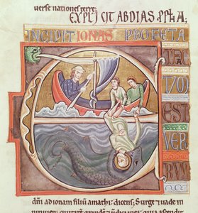 Ms 1 Fol.196v 12世紀後半のSouvigny聖書から、海に投げ込まれたヨナを描いた歴史的な初期E 作： French School